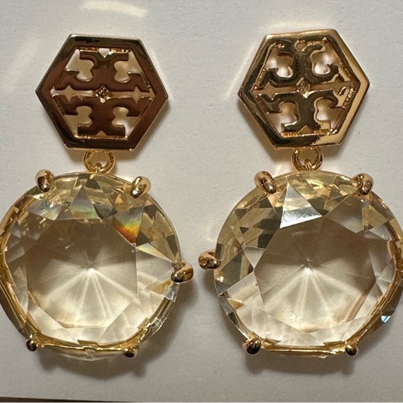 Tory Burch Gold hexagon and Clear Crystal small drop Earrings - Picture 3 of 7